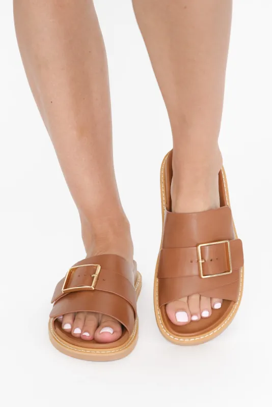 Dede Brandy Leather Buckle Slide sold by Blue Bungalow