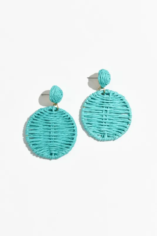 Theora Aqua Rattan Disc Earrings sold by Blue Bungalow