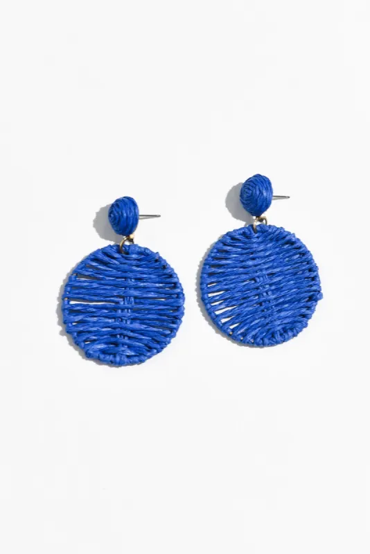 Theora Cobalt Rattan Disc Earrings sold by Blue Bungalow
