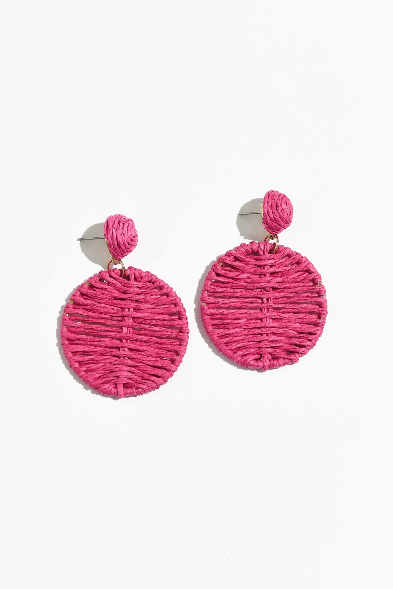 Theora Hot Pink Rattan Disc Earrings sold by Blue Bungalow