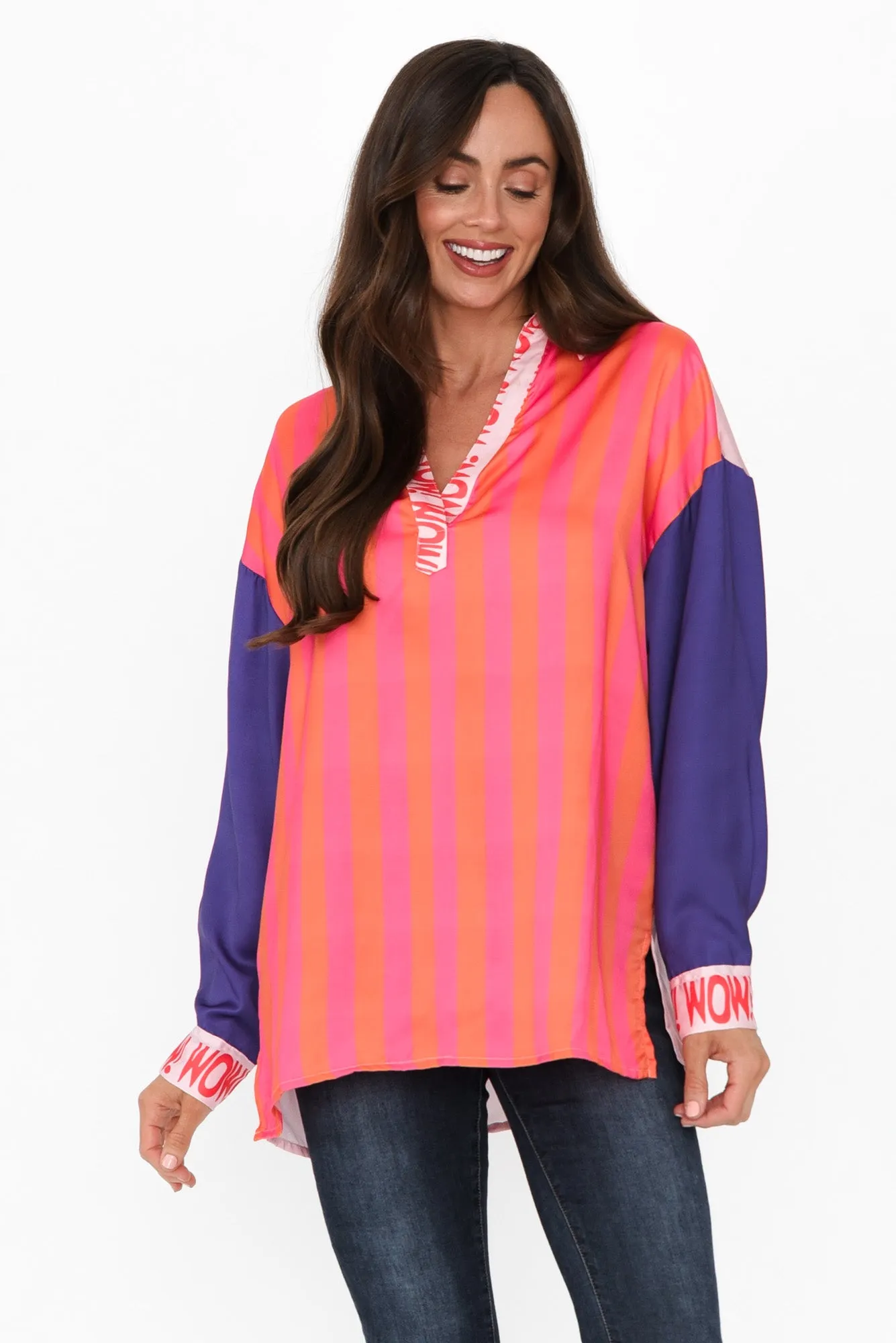 Suzy Pink Splice V Neck Shirt sold by Blue Bungalow
