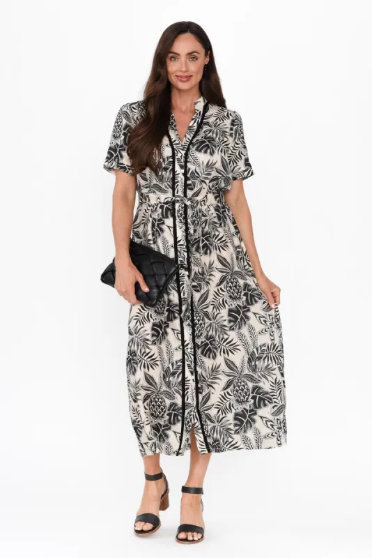 Essadora Black Leaf Linen Dress sold by Blue Bungalow