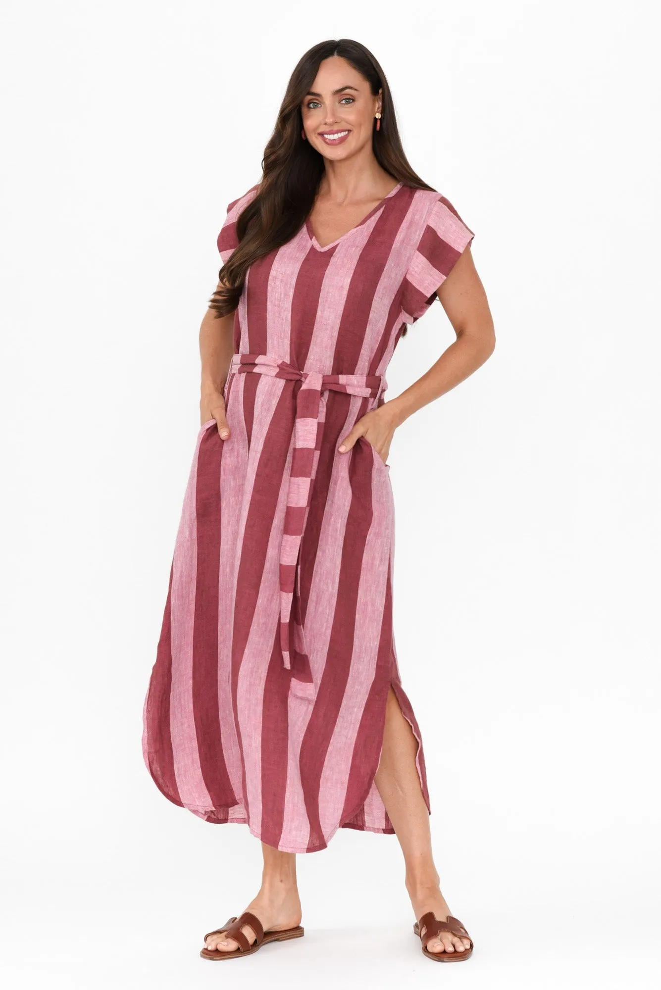 Sebou Burgundy Stripe Linen Tie Dress sold by Blue Bungalow product image thumbnail 2