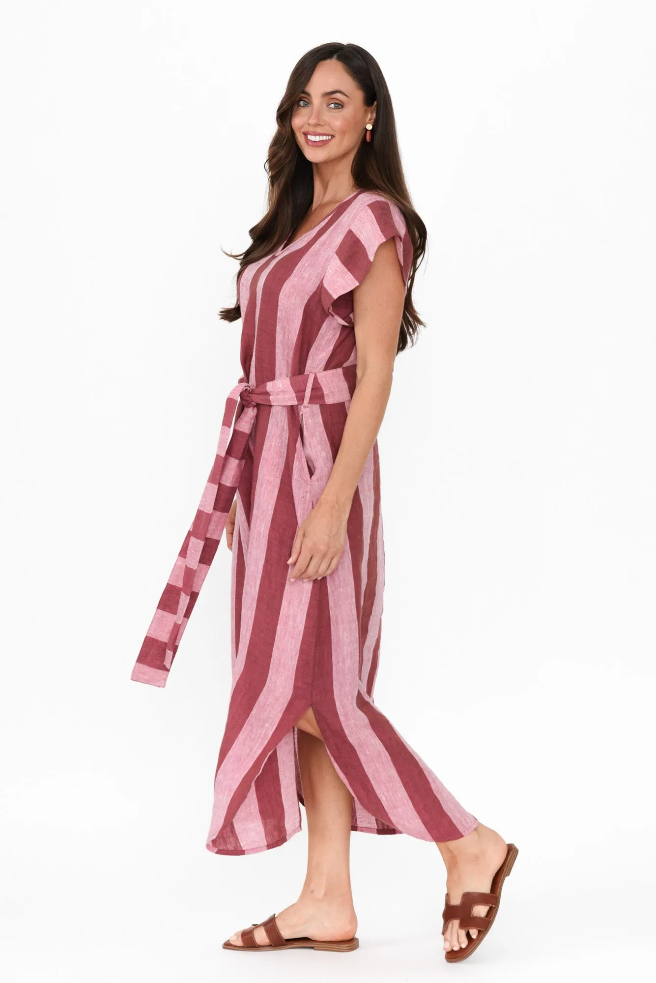 Sebou Burgundy Stripe Linen Tie Dress sold by Blue Bungalow product image thumbnail 3