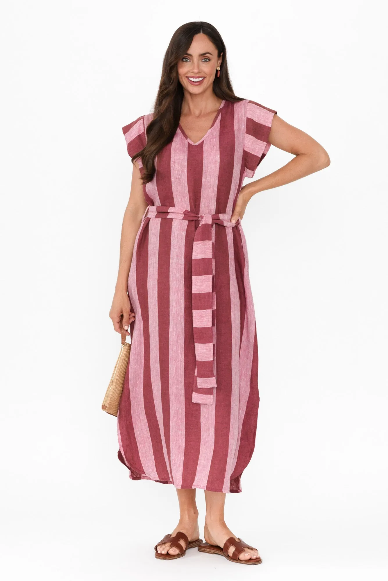 Sebou Burgundy Stripe Linen Tie Dress sold by Blue Bungalow