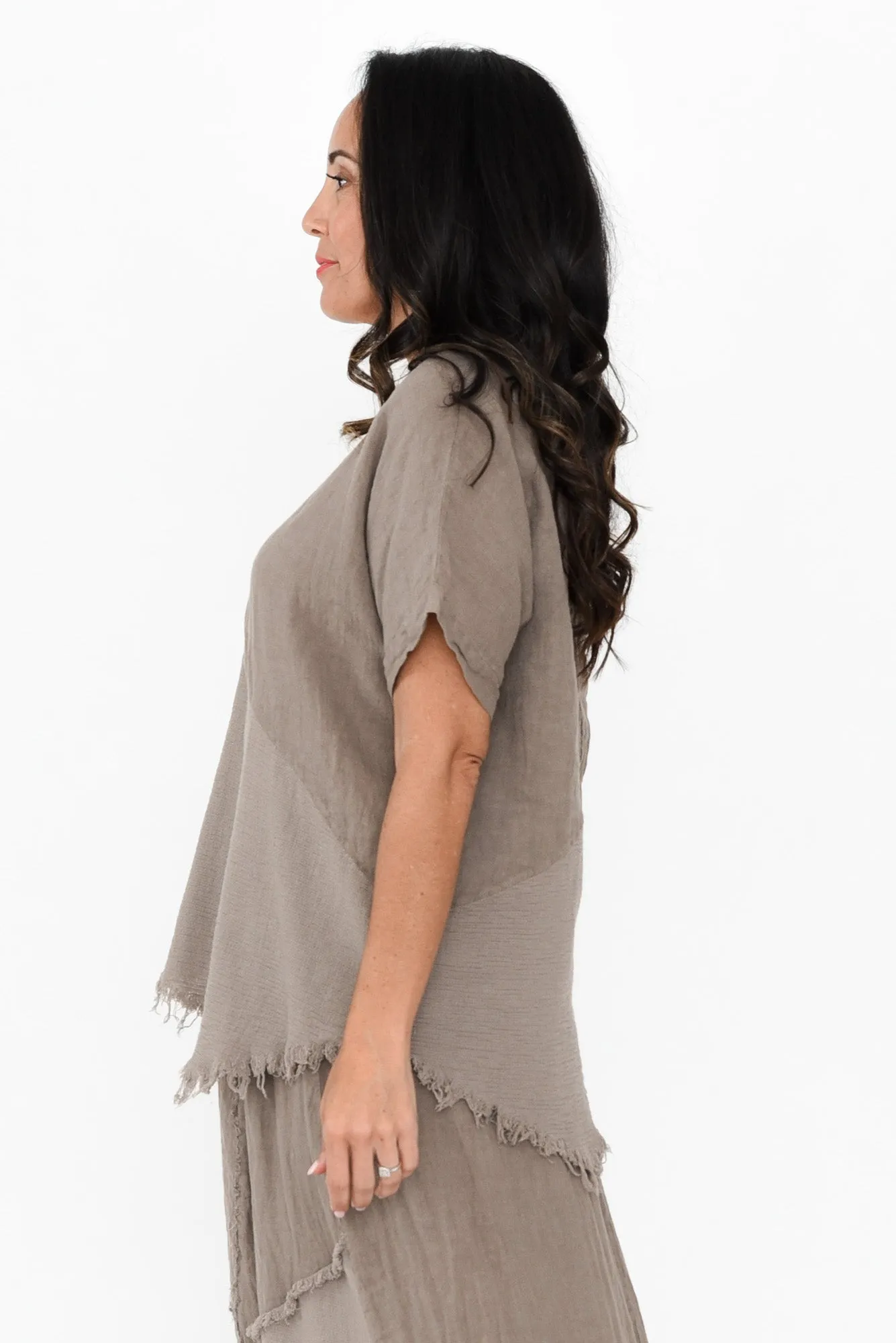 Mikena Taupe Linen Asymmetric Top sold by Blue Bungalow product image thumbnail 3