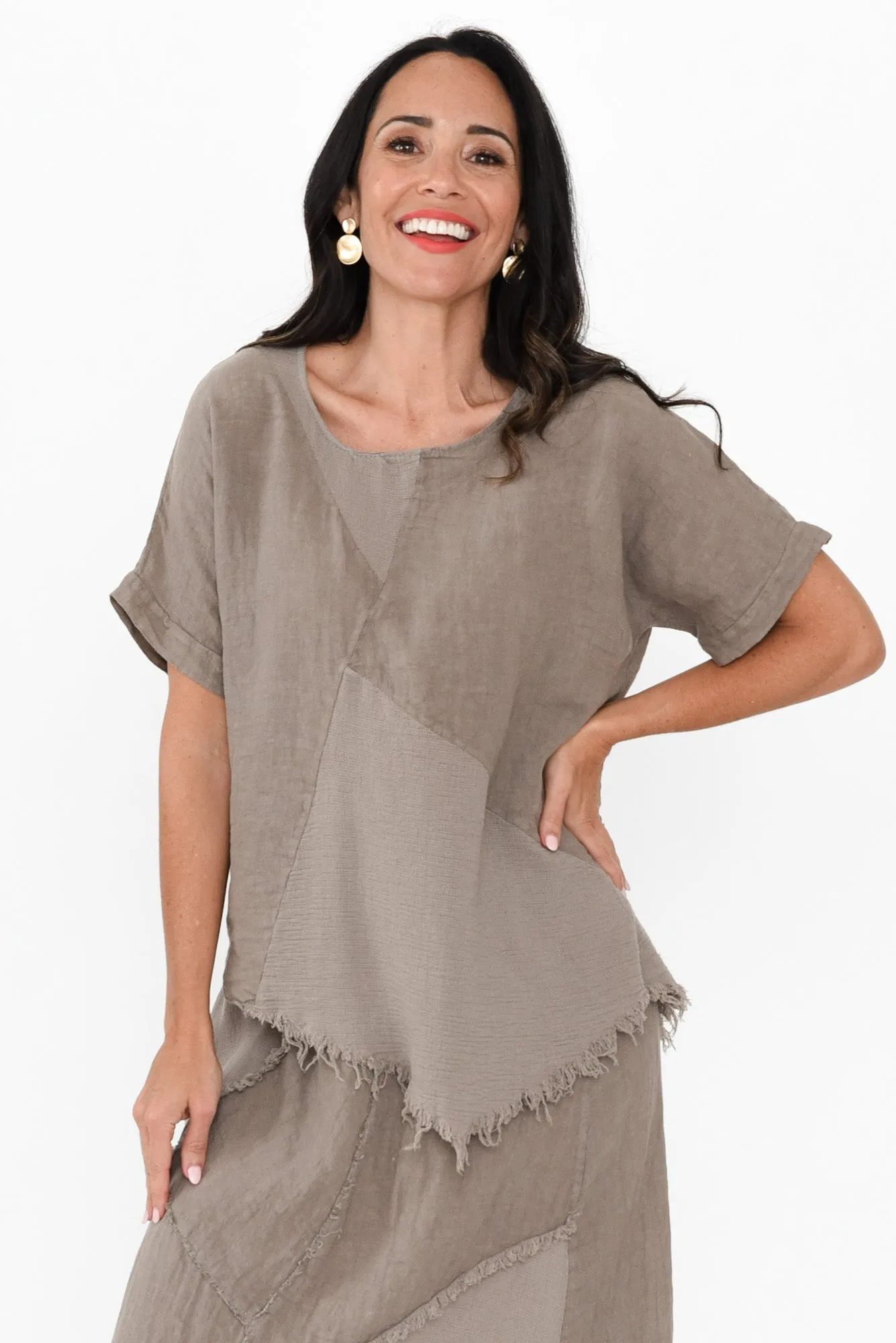 Mikena Taupe Linen Asymmetric Top sold by Blue Bungalow