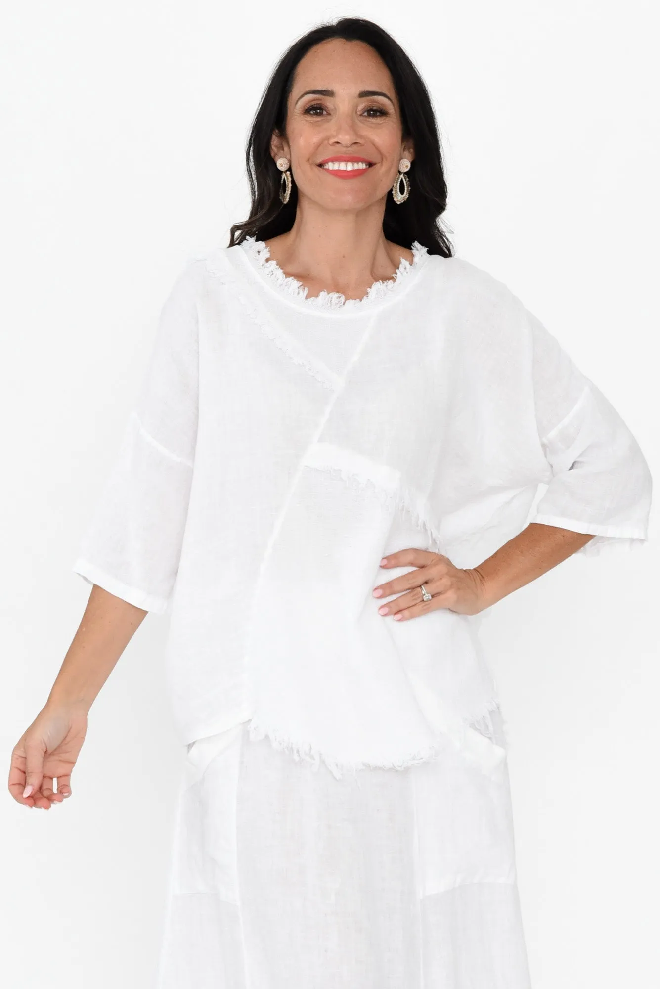 Denae White Linen Frayed Top sold by Blue Bungalow