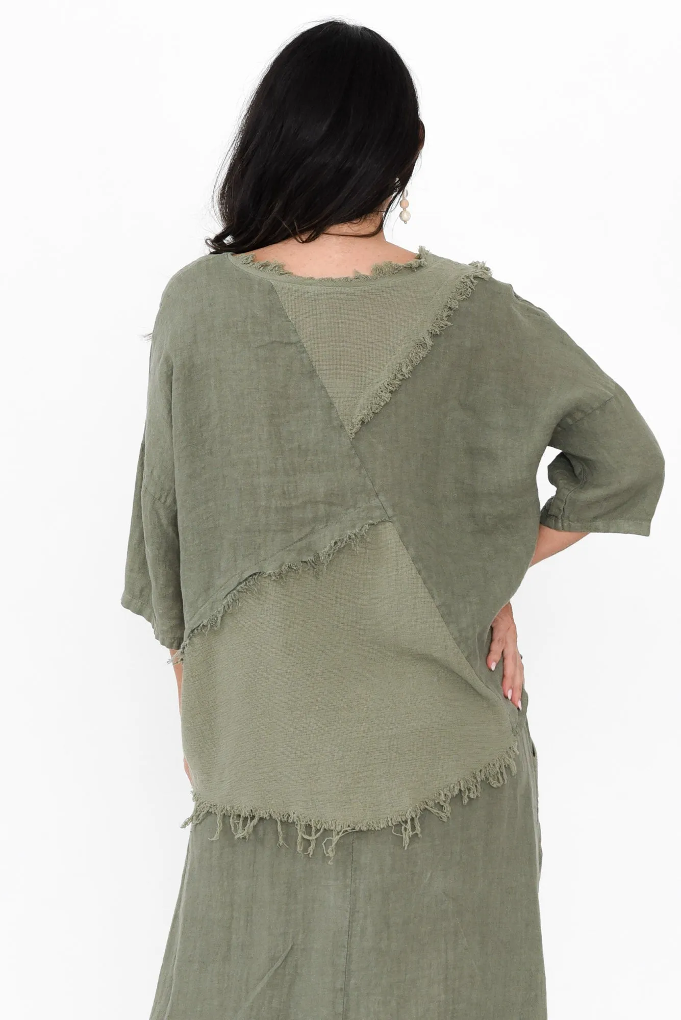Denae Khaki Linen Frayed Top sold by Blue Bungalow product image thumbnail 4