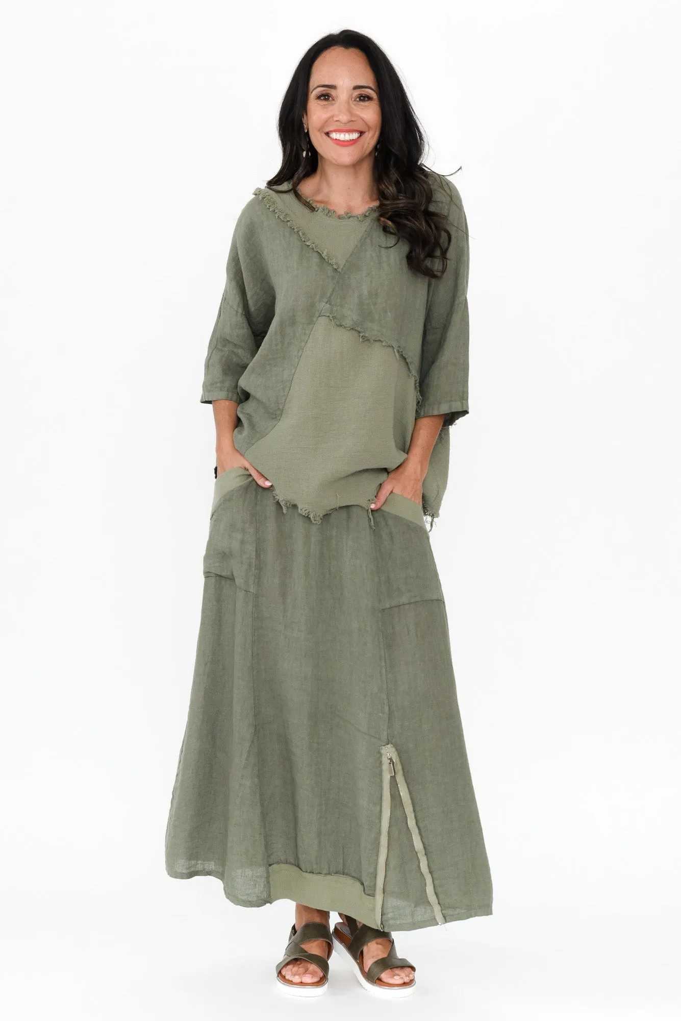 Denae Khaki Linen Frayed Top sold by Blue Bungalow product image thumbnail 2