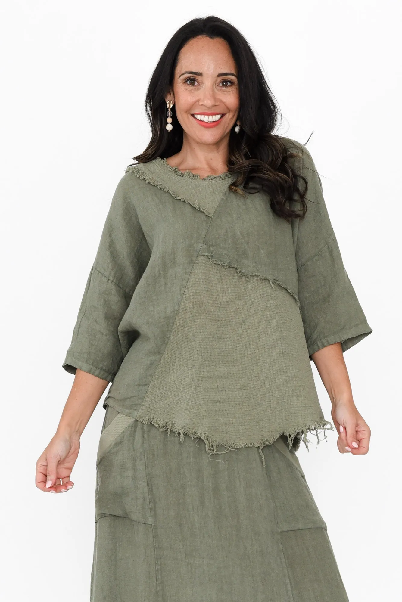 Denae Khaki Linen Frayed Top sold by Blue Bungalow