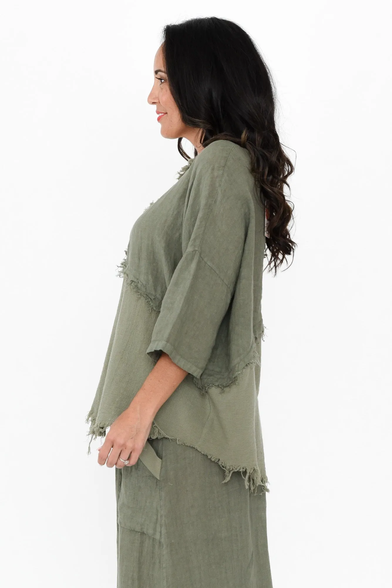 Denae Khaki Linen Frayed Top sold by Blue Bungalow product image thumbnail 3