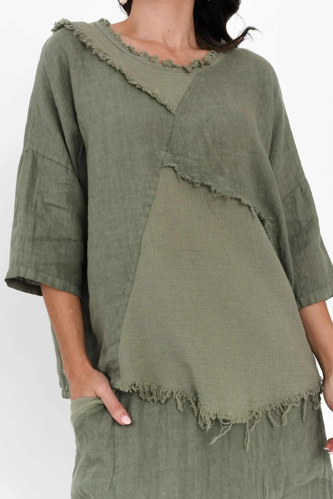 Denae Khaki Linen Frayed Top sold by Blue Bungalow product image thumbnail 5