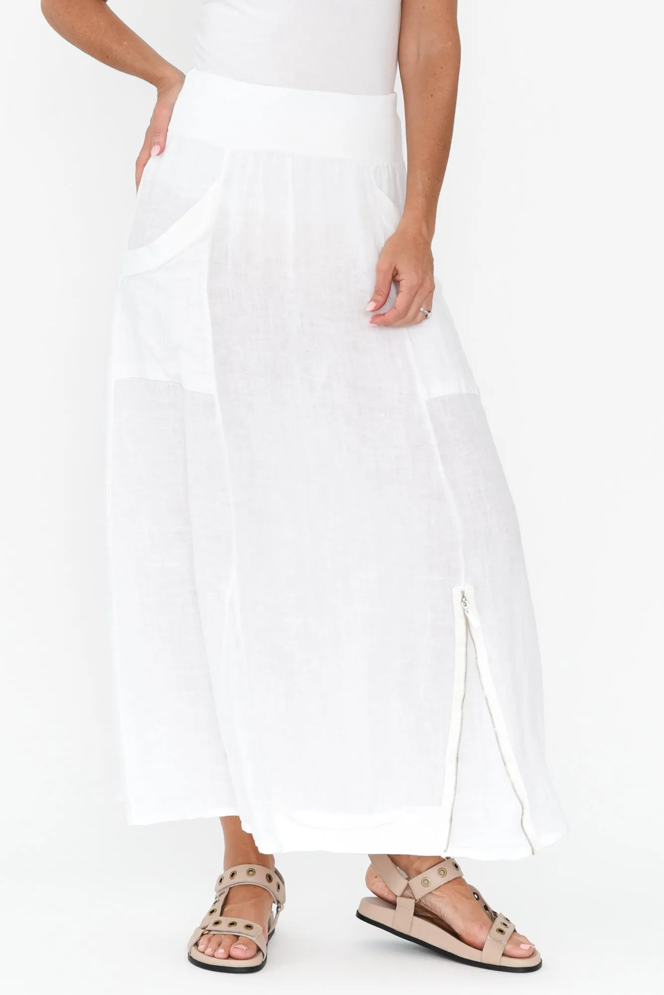 Ani White Linen Pocket Maxi Skirt sold by Blue Bungalow