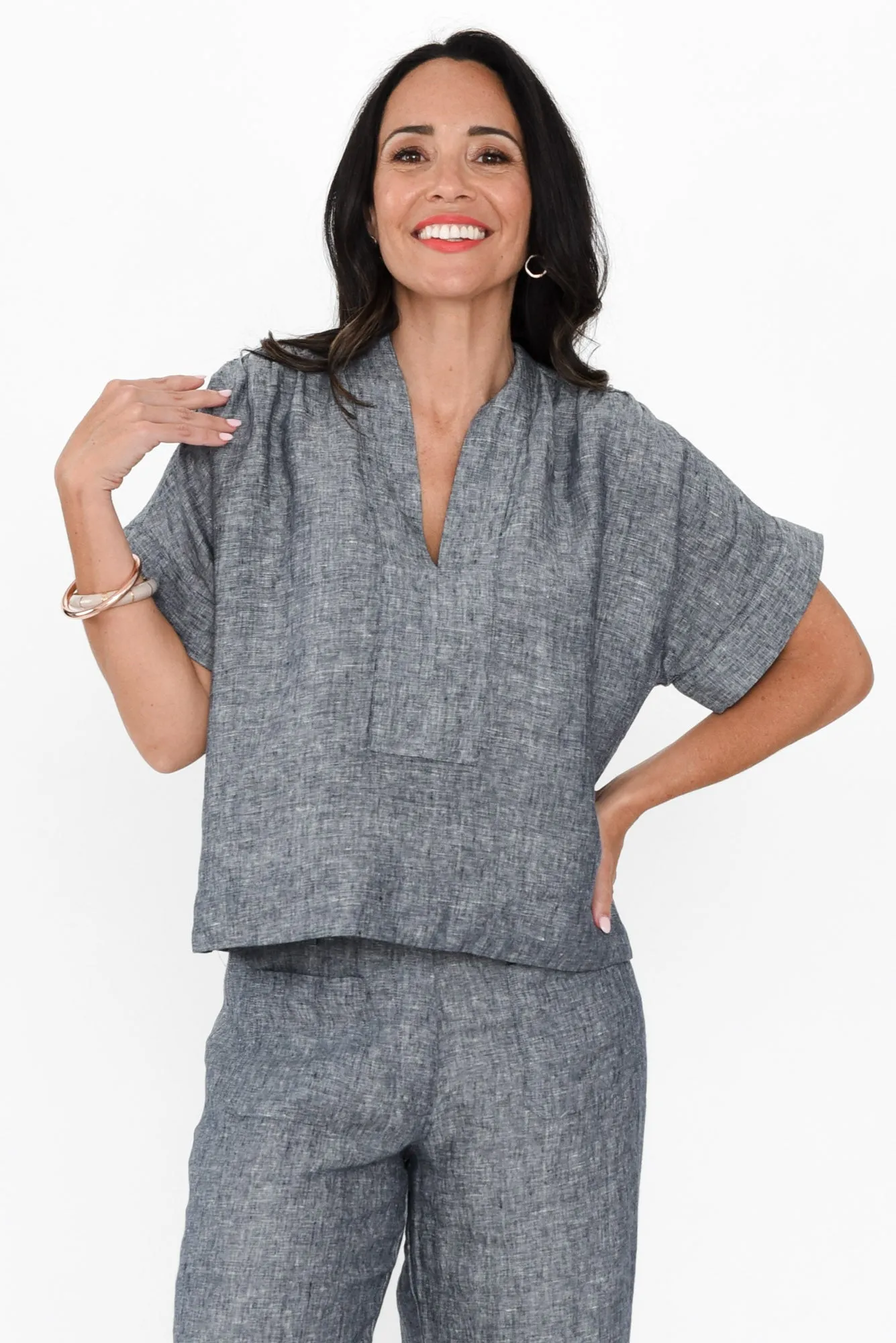 Joss Grey Linen V Neck Top sold by Blue Bungalow