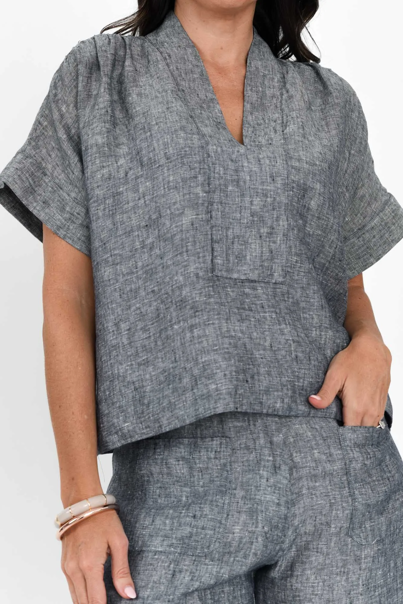 Joss Grey Linen V Neck Top sold by Blue Bungalow product image thumbnail 5