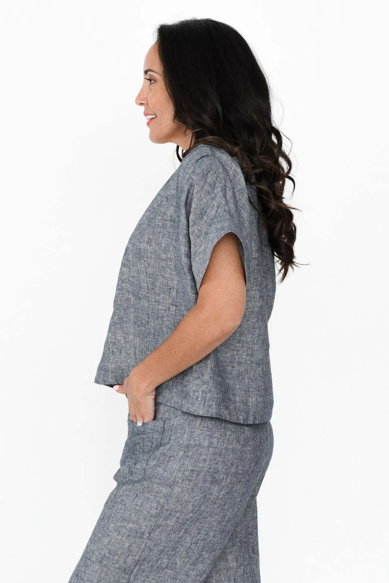 Joss Grey Linen V Neck Top sold by Blue Bungalow product image thumbnail 3