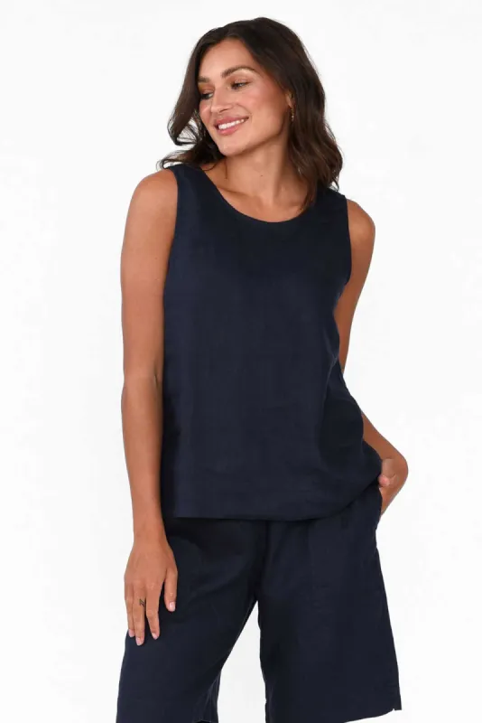 Bianca Navy Linen Button Back Tank sold by Blue Bungalow