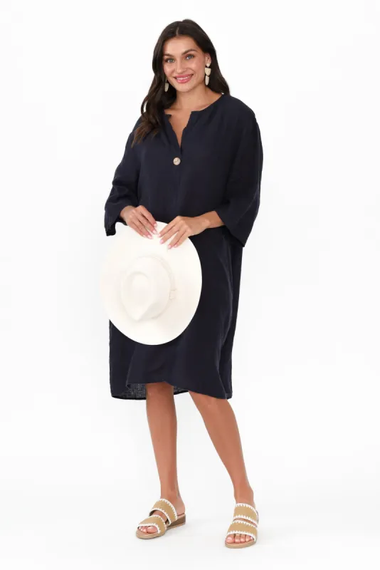 Sian Navy Linen V Neck Dress sold by Blue Bungalow