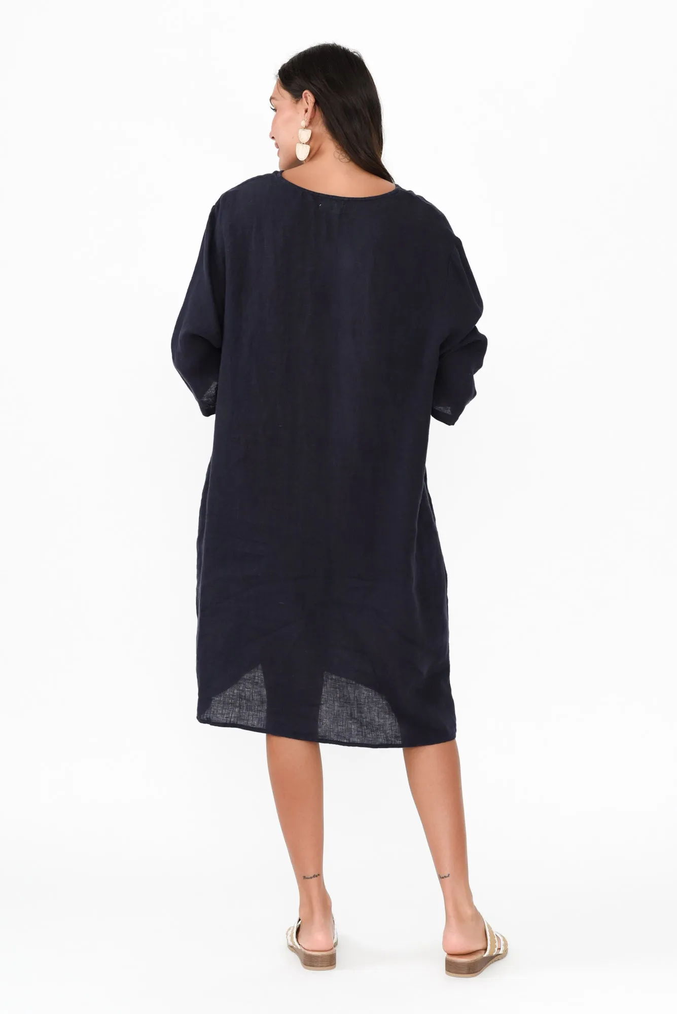 Sian Navy Linen V Neck Dress sold by Blue Bungalow product image thumbnail 4