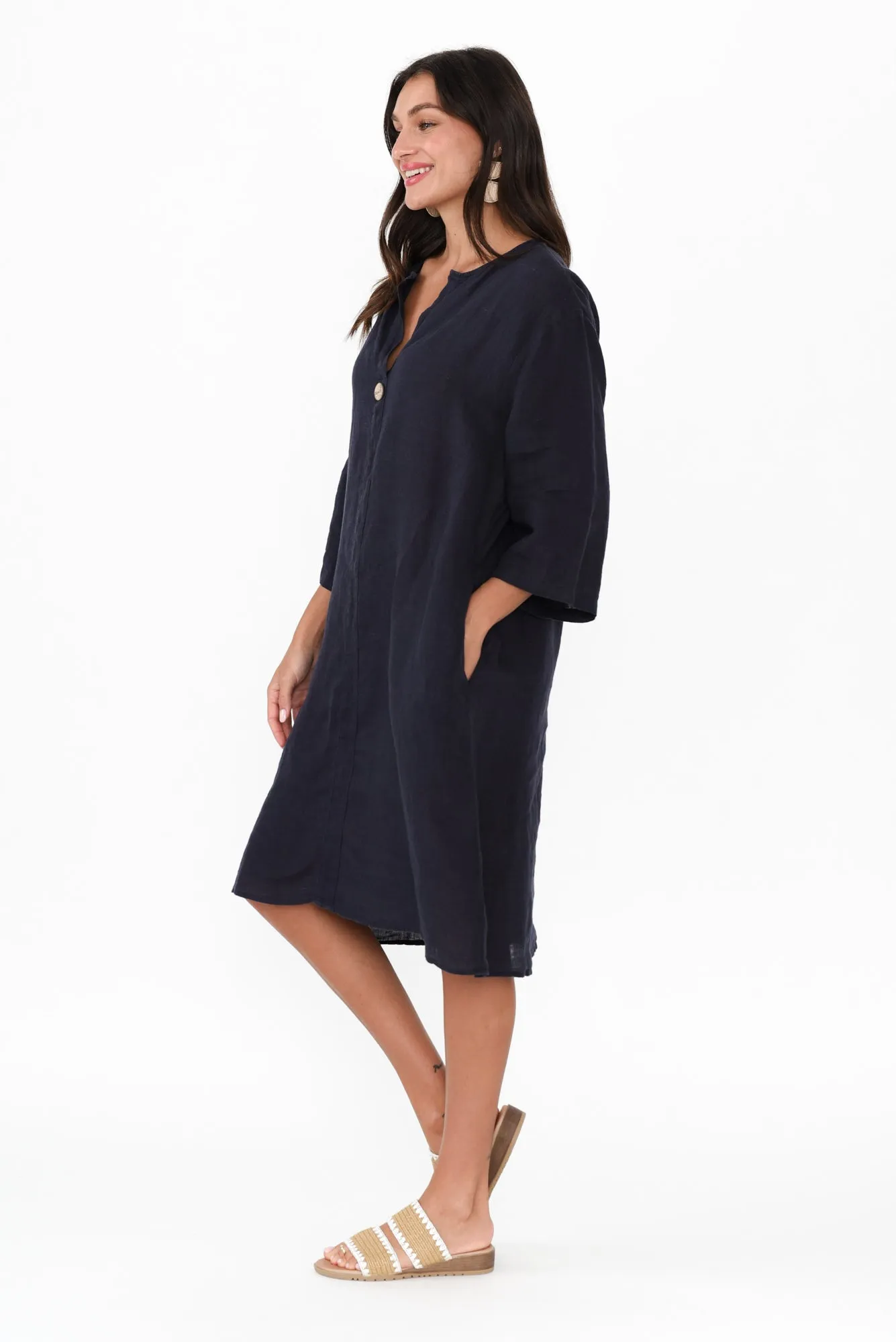 Sian Navy Linen V Neck Dress sold by Blue Bungalow product image thumbnail 3
