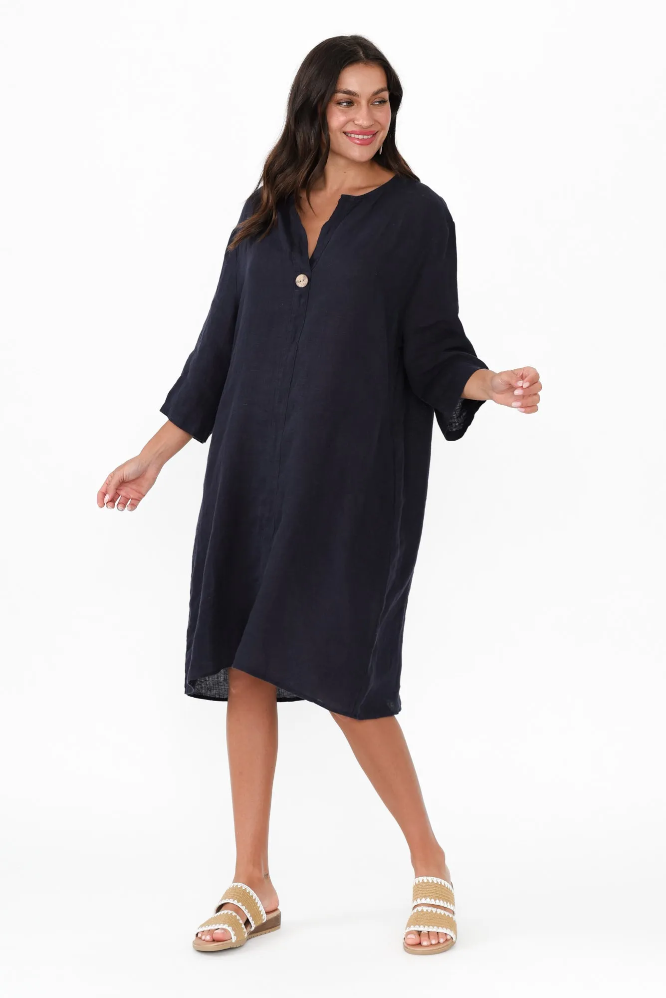 Sian Navy Linen V Neck Dress sold by Blue Bungalow product image thumbnail 2