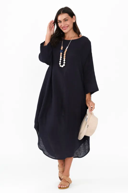 Kana Navy Linen Dress sold by Blue Bungalow
