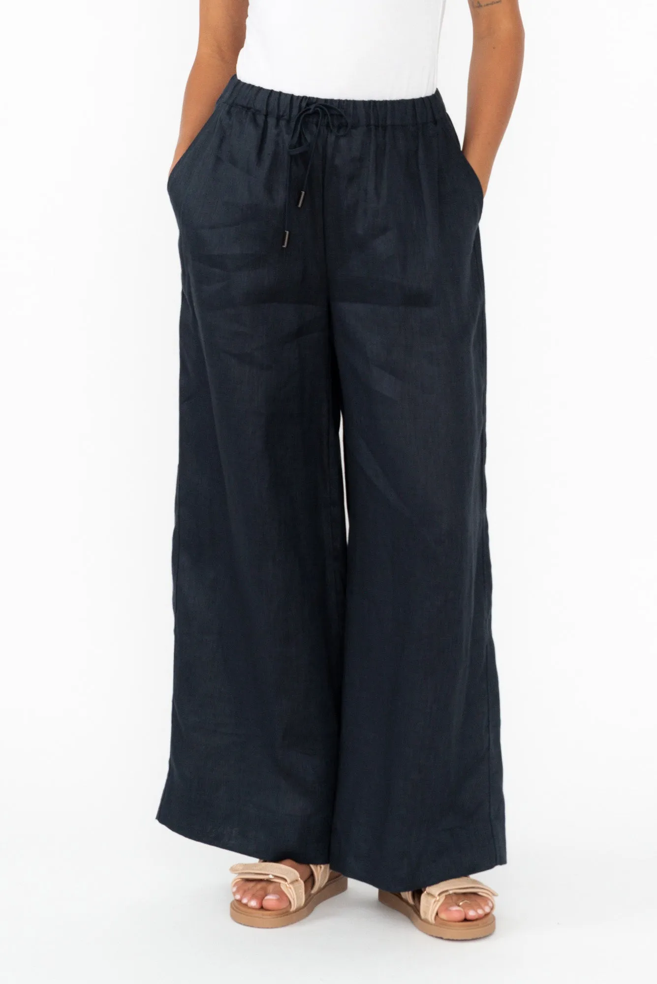Jimmie Navy Linen Tie Pants sold by Blue Bungalow
