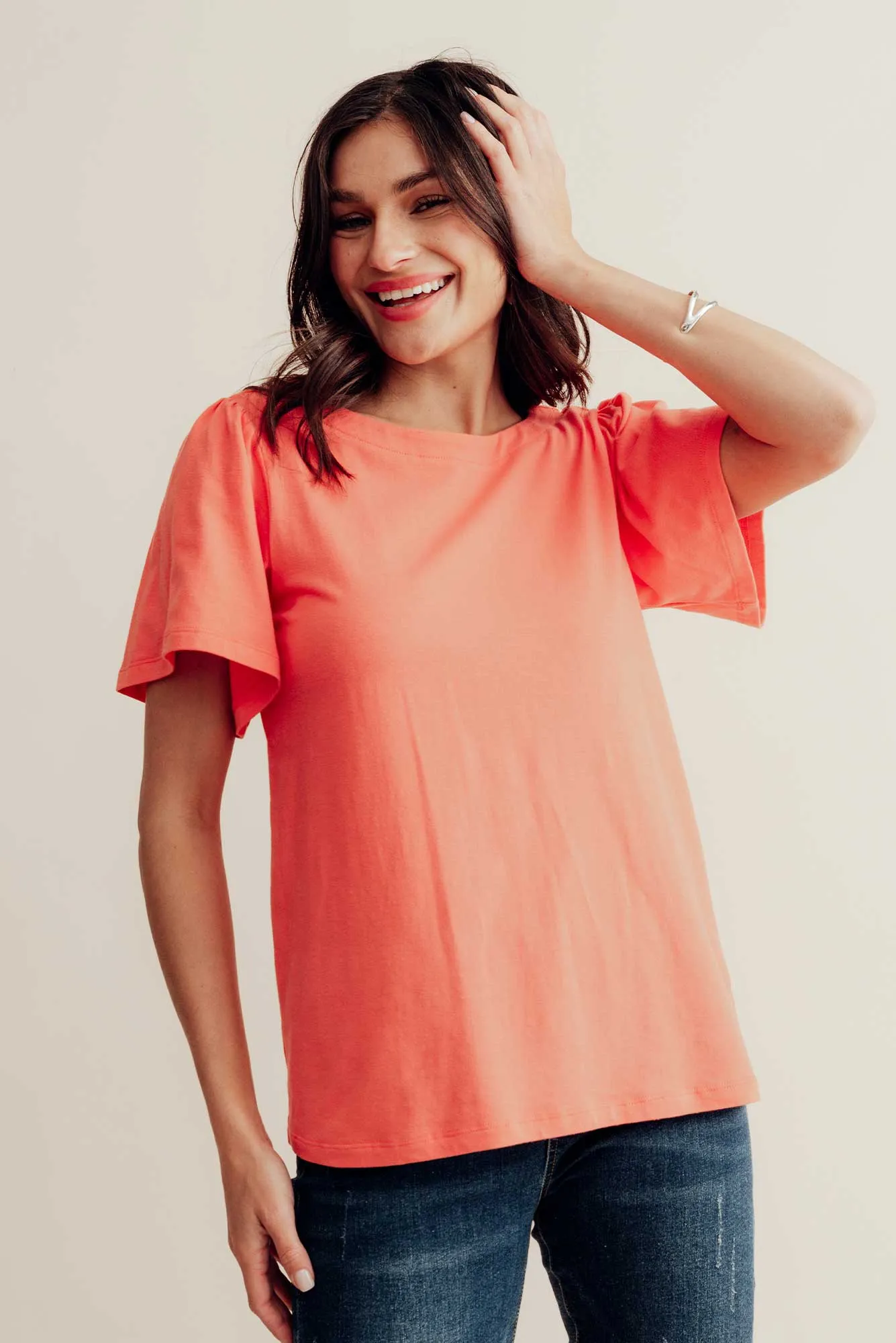 Calgary Coral Cotton Flutter Sleeve Top sold by Blue Bungalow