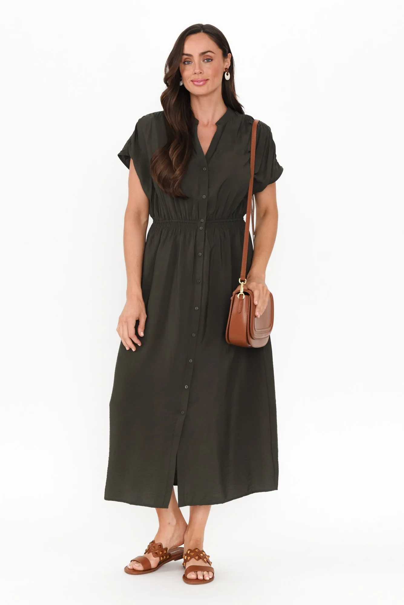 Simone Khaki Button Dress sold by Blue Bungalow