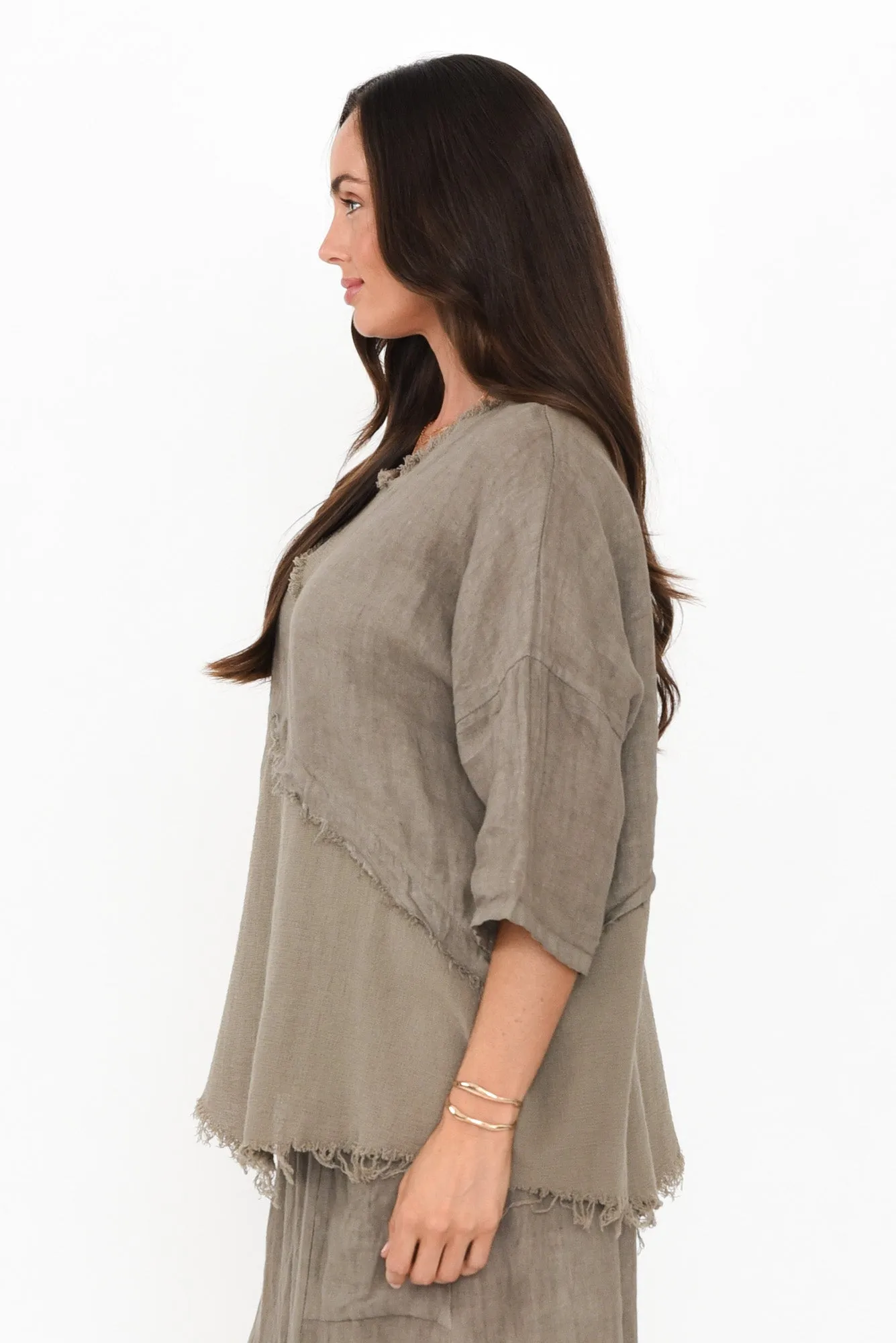 Denae Taupe Linen Frayed Top sold by Blue Bungalow product image thumbnail 3