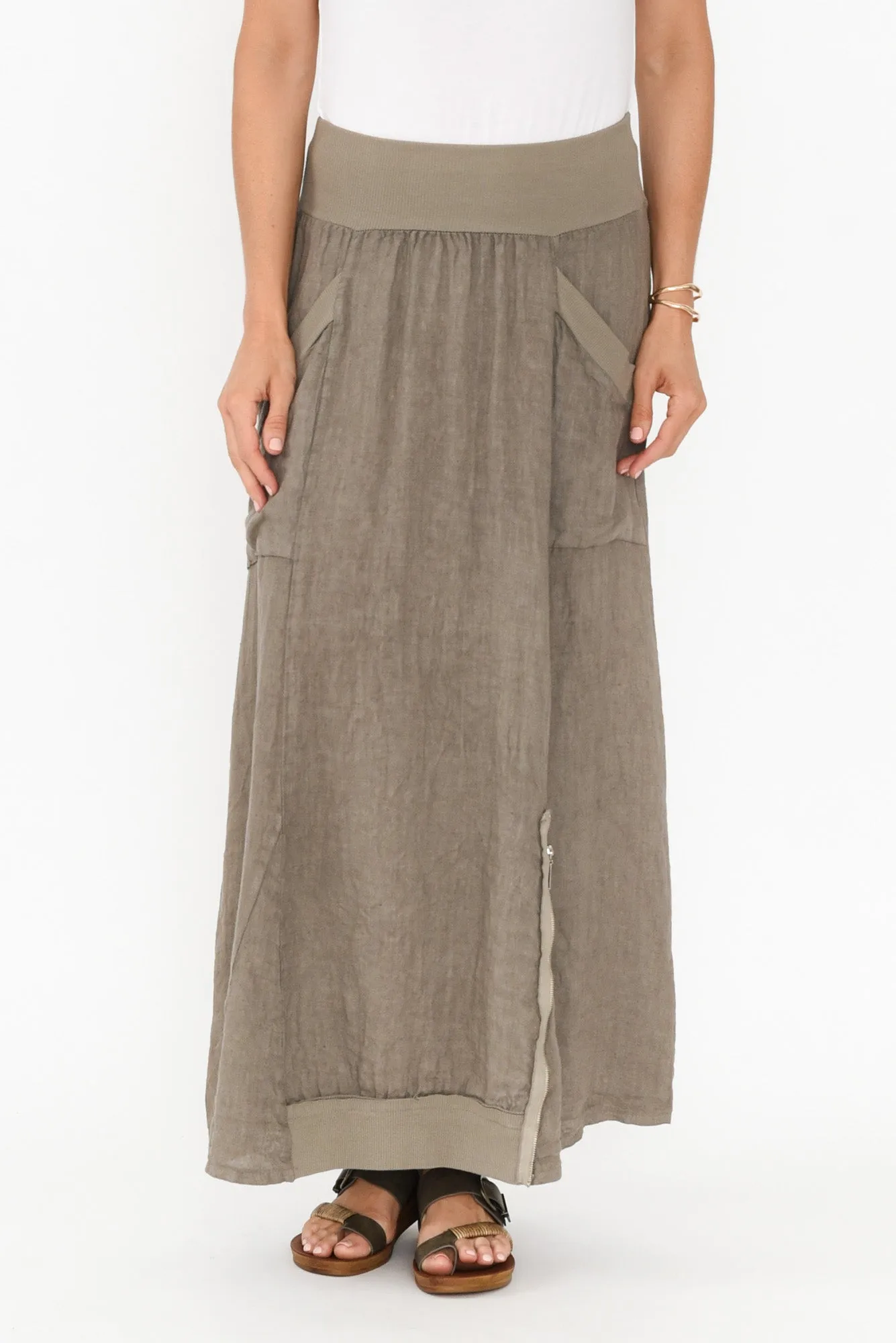 Ani Taupe Linen Pocket Maxi Skirt sold by Blue Bungalow