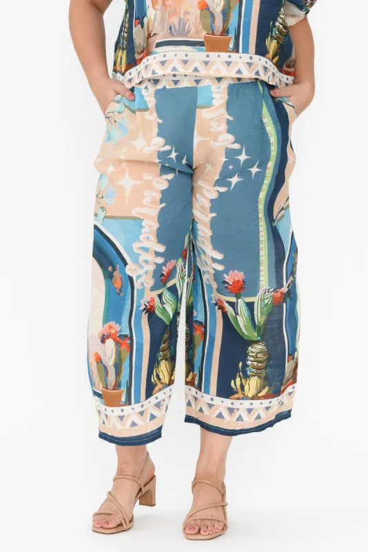 Sharri Blue Cactus Linen Pants sold by Blue Bungalow