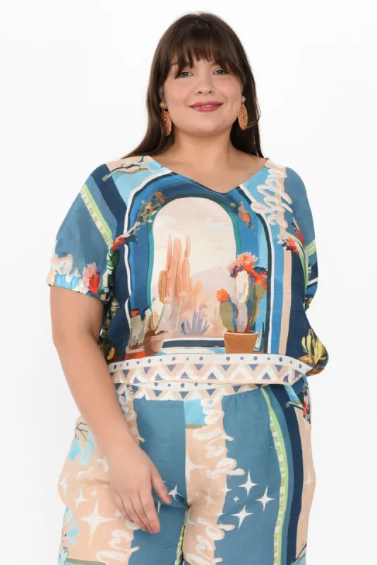 Sayuri Blue Cactus Linen Top sold by Blue Bungalow