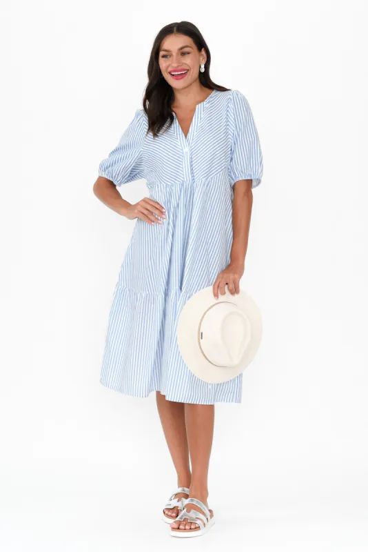 Zariah Blue Stripe Cotton Tier Dress sold by Blue Bungalow