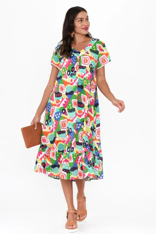 Katika Green Abstract Cotton V Neck Dress sold by Blue Bungalow