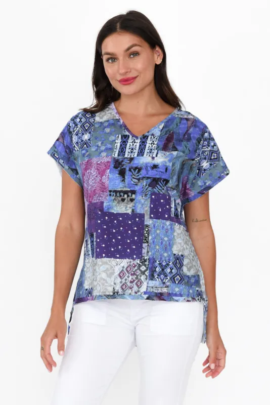Terassa Blue Abstract Linen Blend Top sold by Blue Bungalow
