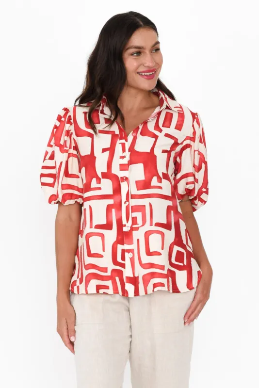 Eileen Red Abstract Collared Shirt made by Willow Tree