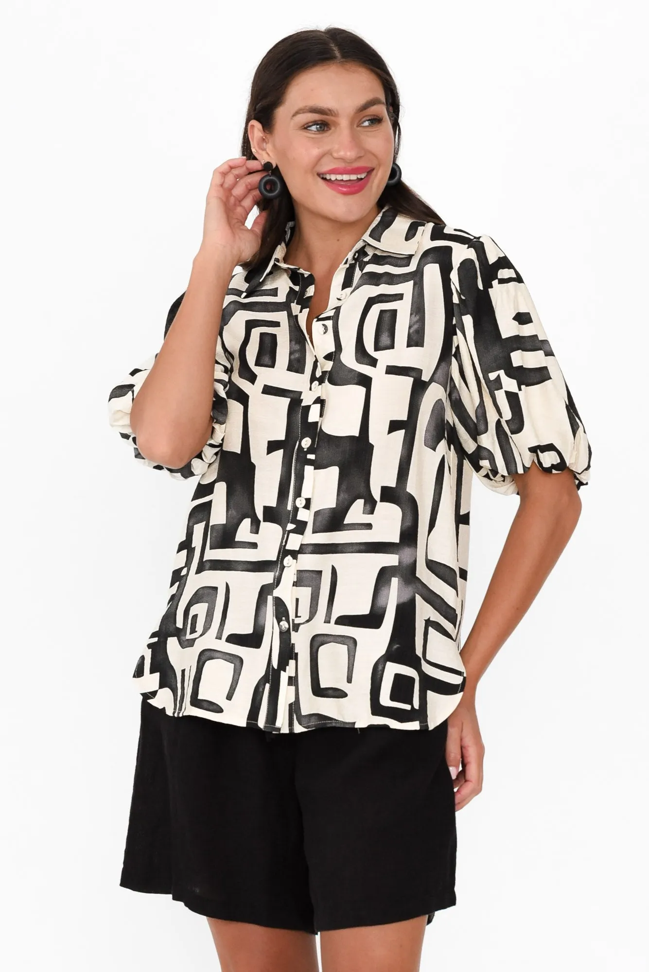 Eileen Black Abstract Collared Shirt sold by Blue Bungalow