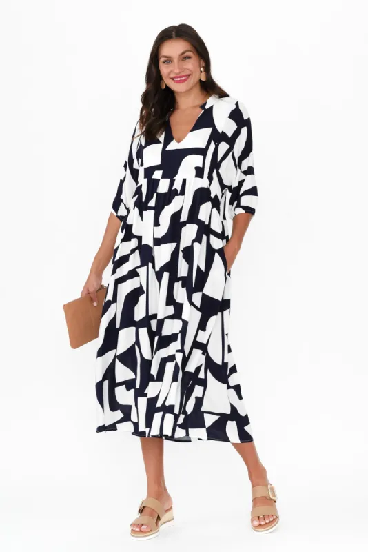 Trey Navy Abstract Midi Dress sold by Blue Bungalow