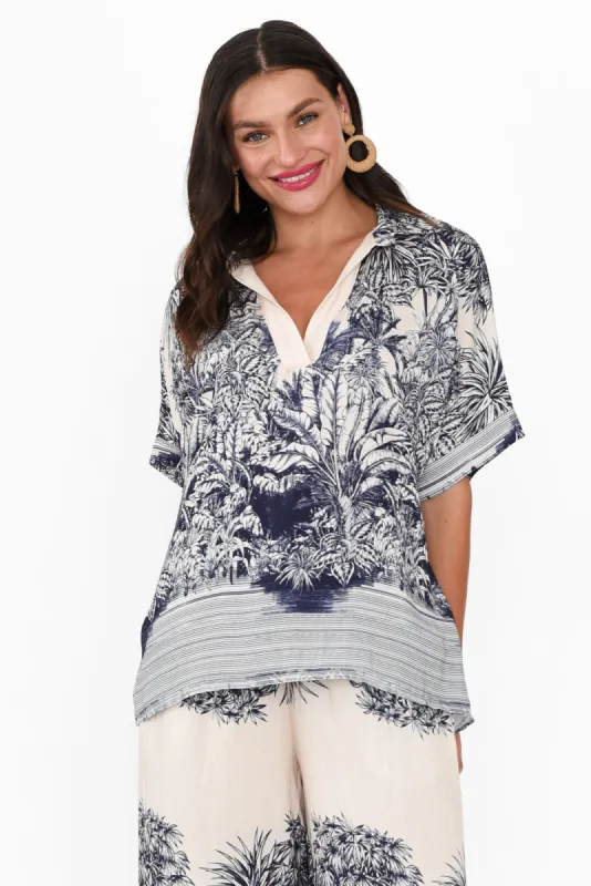 Callista Navy Jungle Collared Top sold by Blue Bungalow