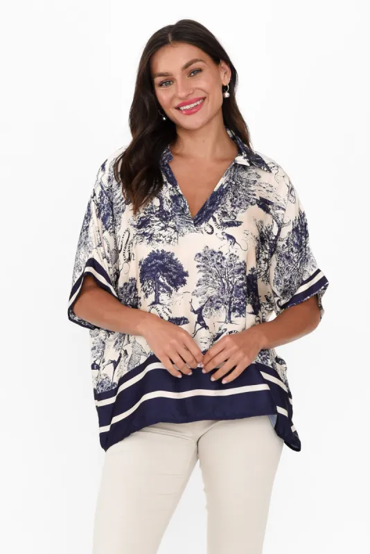 Cosima Navy Garden Silk Blend Top sold by Blue Bungalow