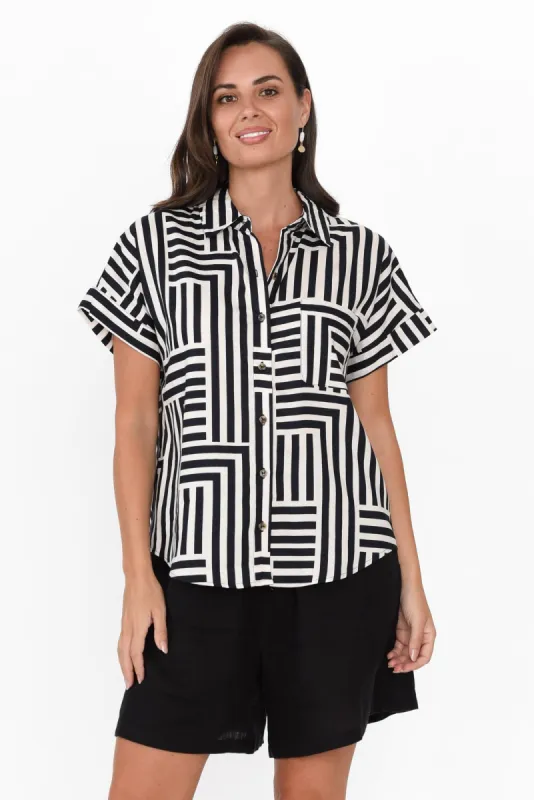 Bauhaus Navy Stripe Linen Blend Collared Top sold by Blue Bungalow