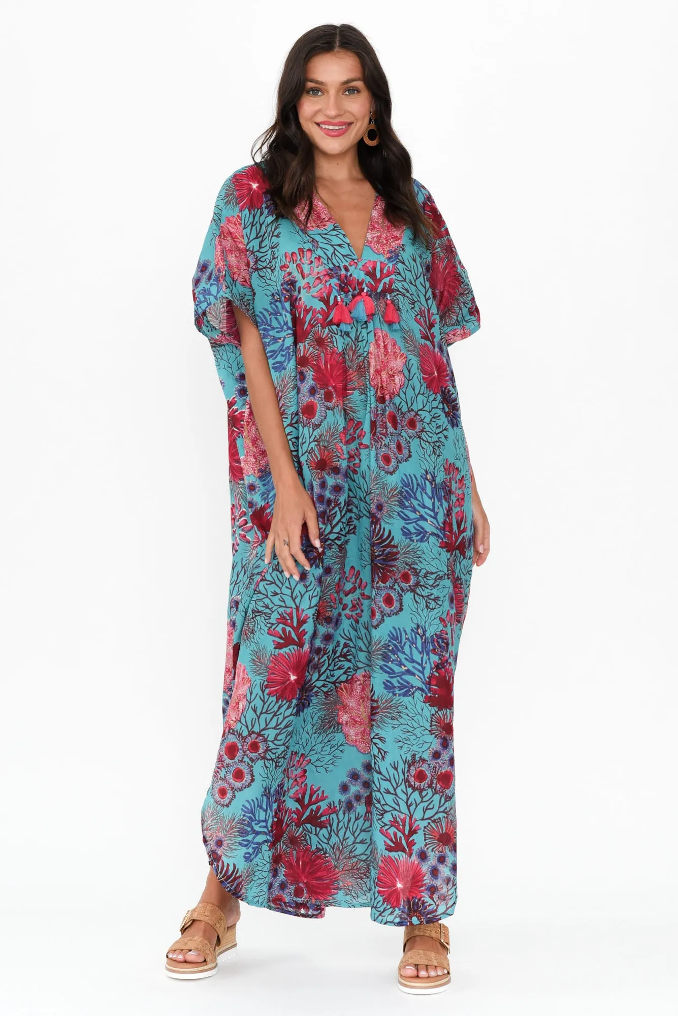 Isla Turquoise Sea Cotton Kaftan sold by Blue Bungalow