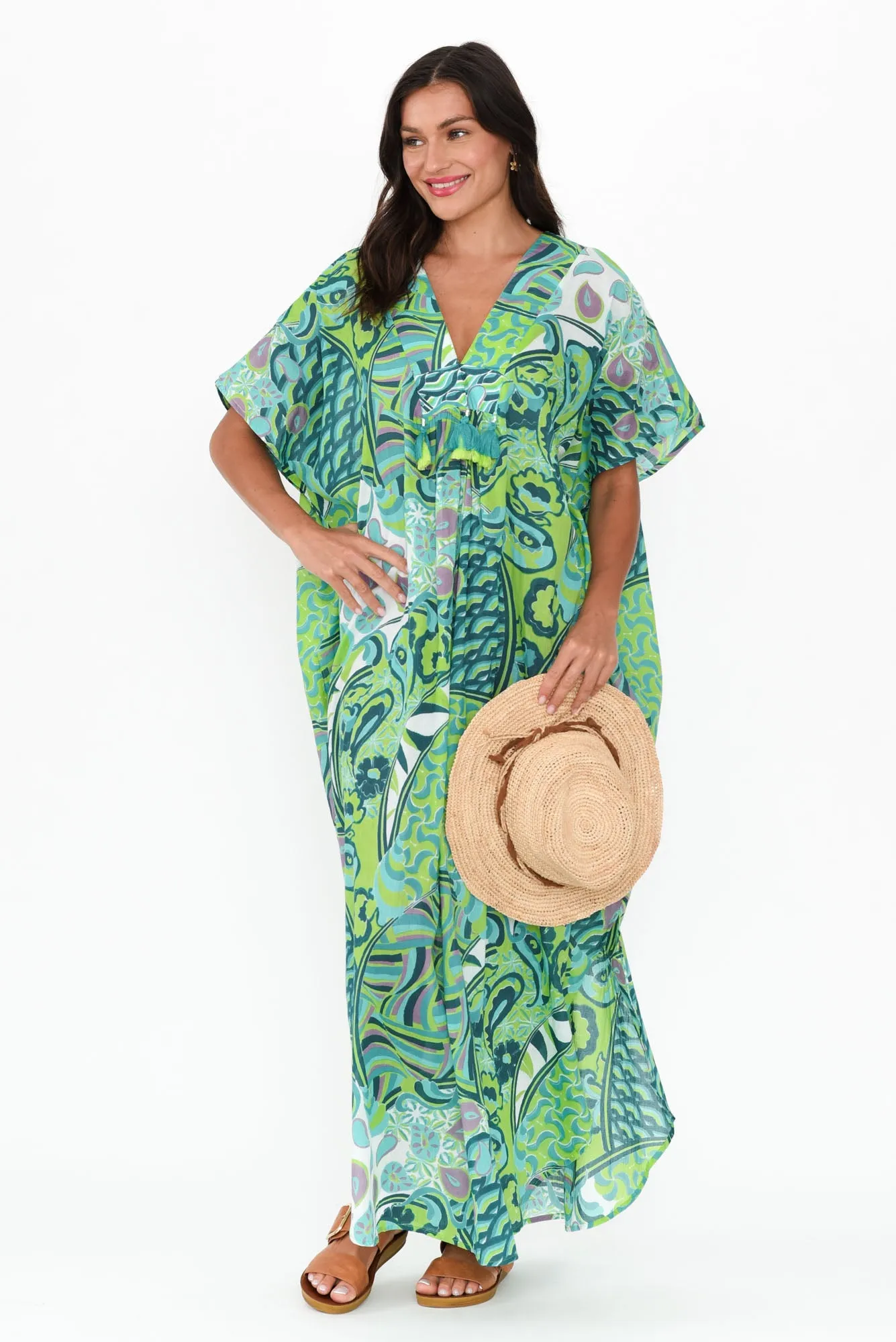 Isla Green Wave Cotton Kaftan sold by Blue Bungalow