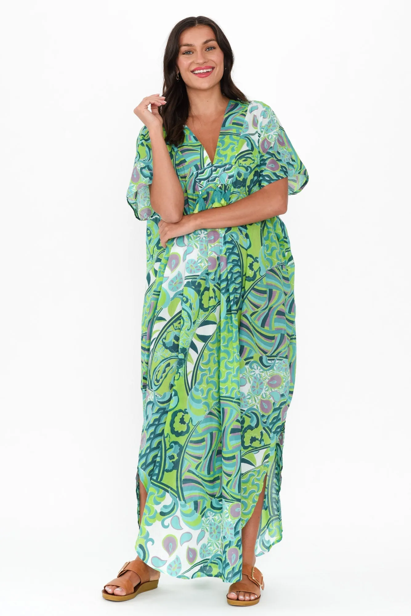 Isla Green Wave Cotton Kaftan sold by Blue Bungalow product image thumbnail 2