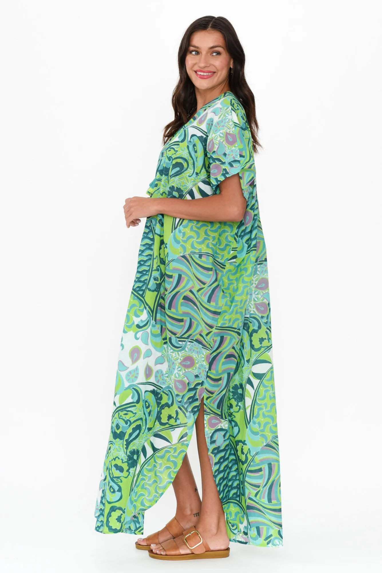 Isla Green Wave Cotton Kaftan sold by Blue Bungalow product image thumbnail 3