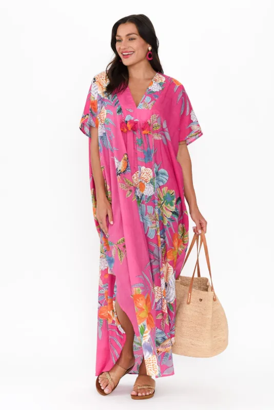 Isla Pink Bird Cotton Kaftan sold by Blue Bungalow