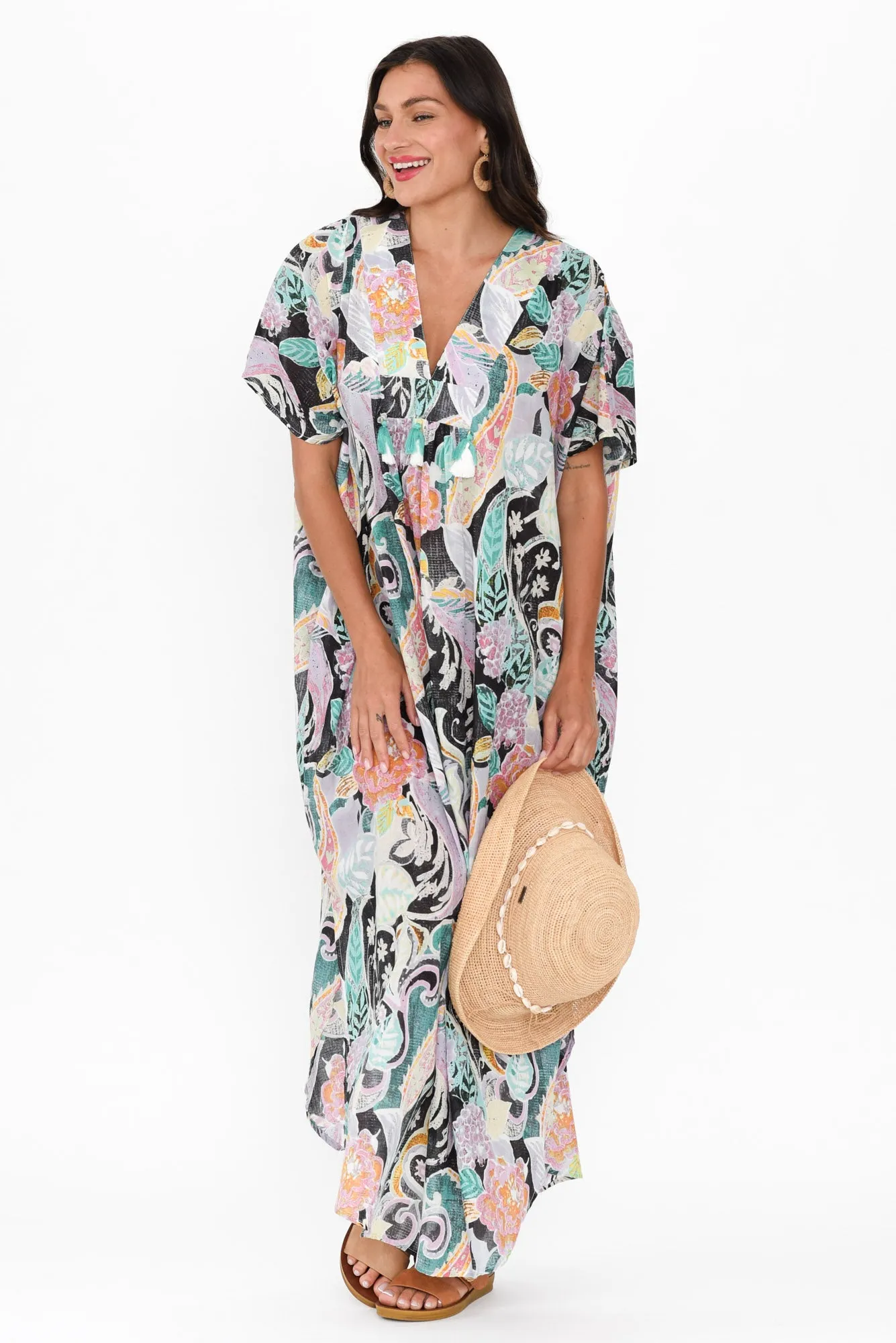 Isla Black Paisley Cotton Kaftan sold by Blue Bungalow