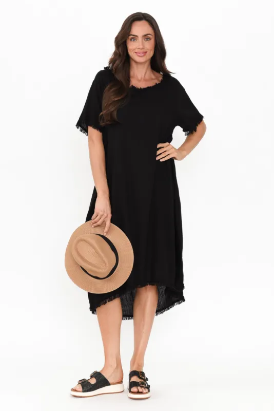 Humphrey Black Cotton Linen Frayed Dress sold by Blue Bungalow
